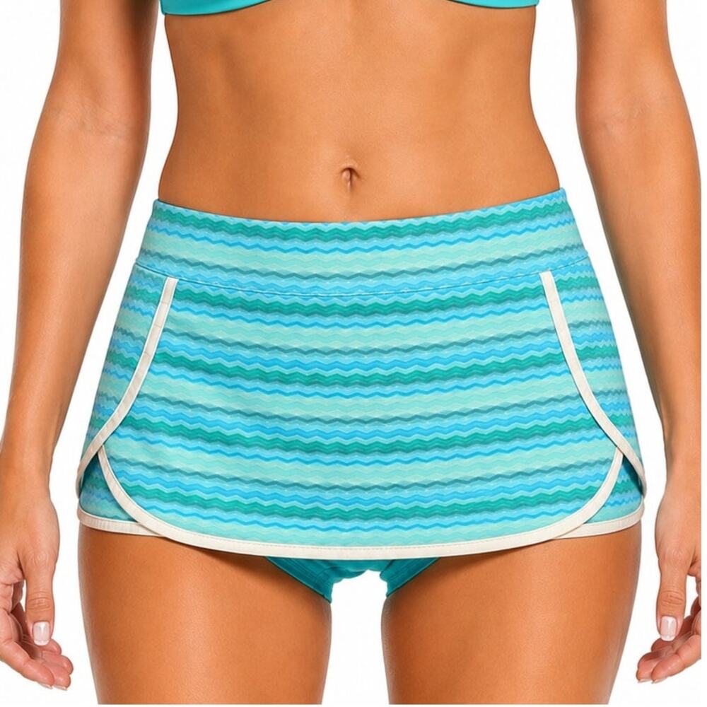Athleta Ripple Swim Skort Womens M Blue Chevron Built In Brief Beach UPF